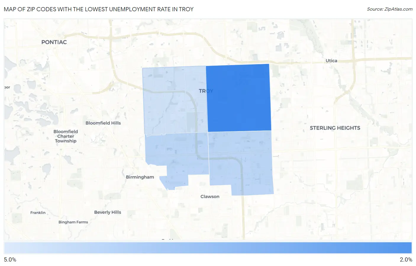 Zip Codes with the Lowest Unemployment Rate in Troy Map