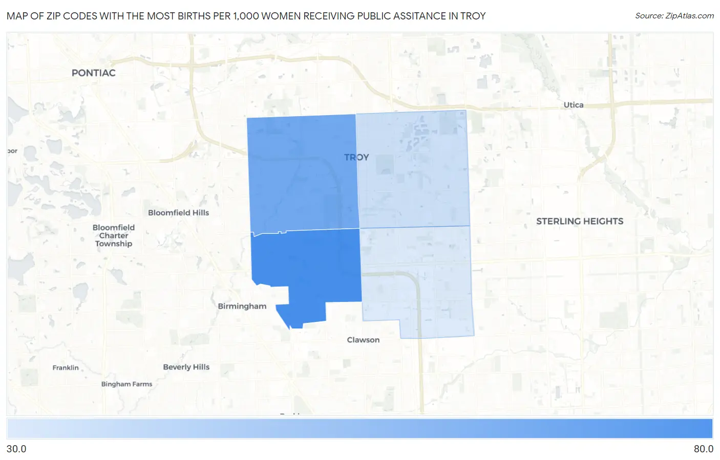 Zip Codes with the Most Births per 1,000 Women Receiving Public Assitance in Troy Map