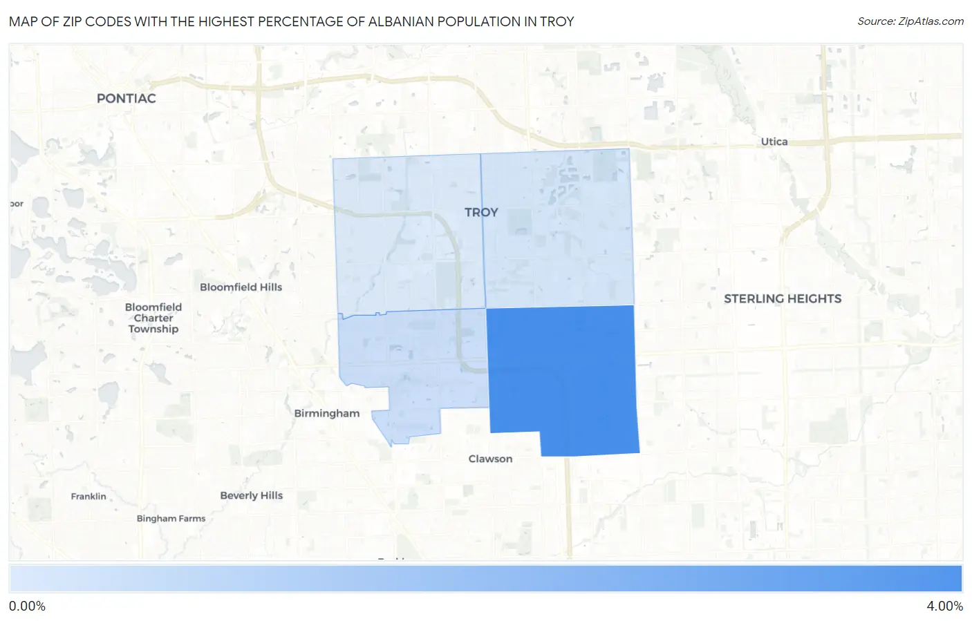 Zip Codes with the Highest Percentage of Albanian Population in Troy Map