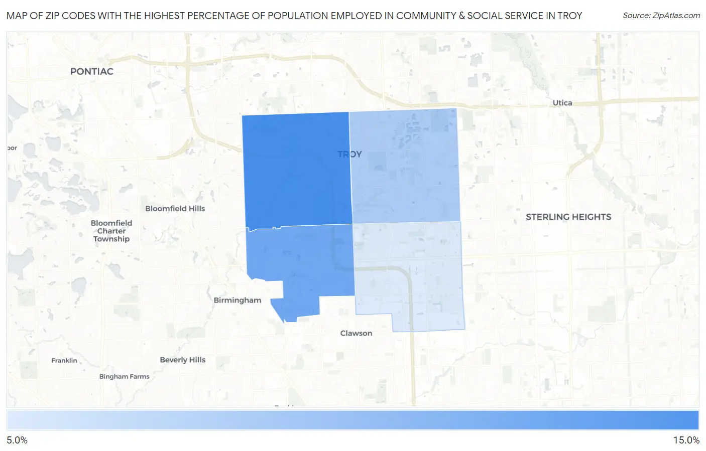 Zip Codes with the Highest Percentage of Population Employed in Community & Social Service  in Troy Map