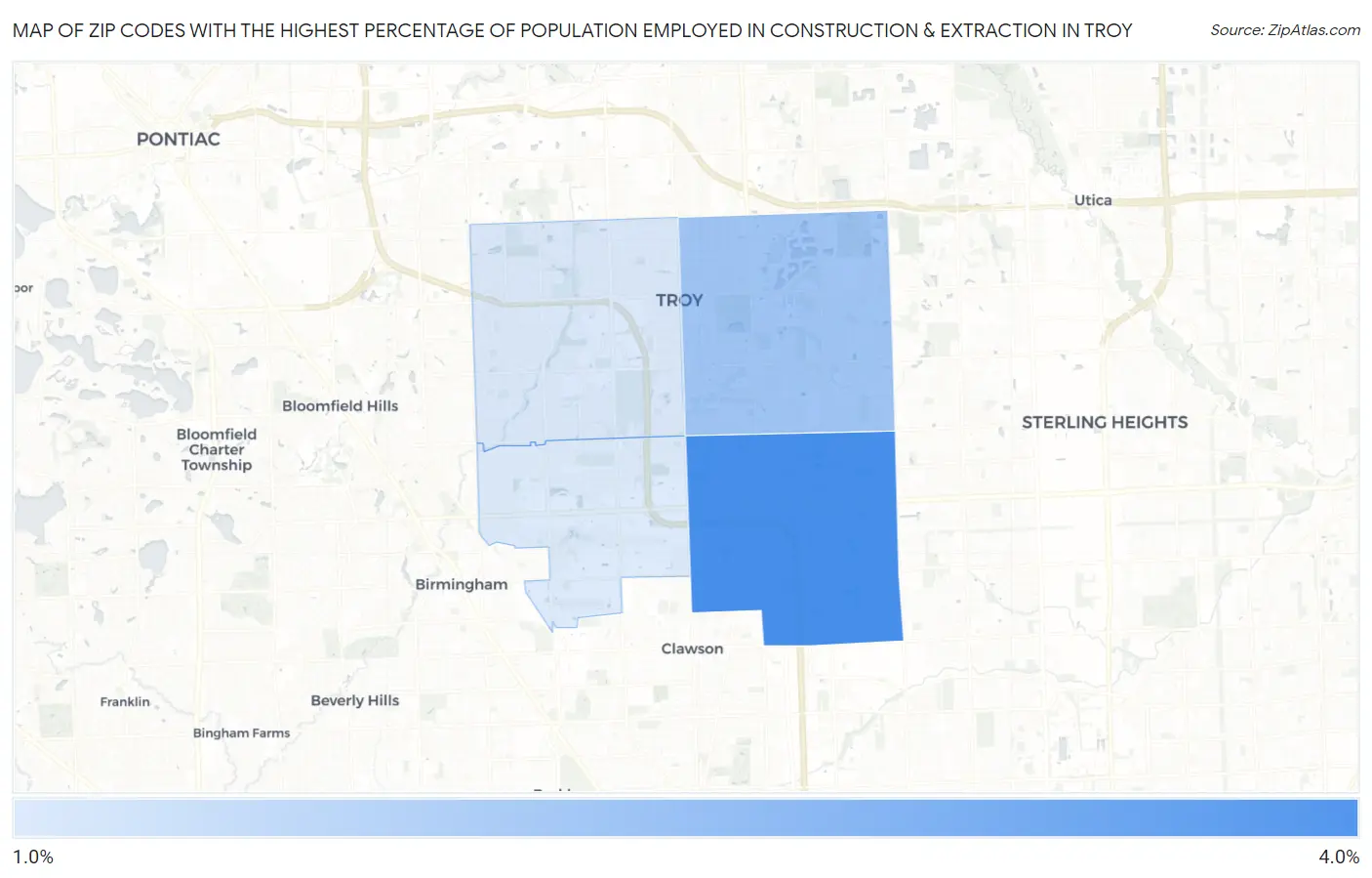 Zip Codes with the Highest Percentage of Population Employed in Construction & Extraction in Troy Map