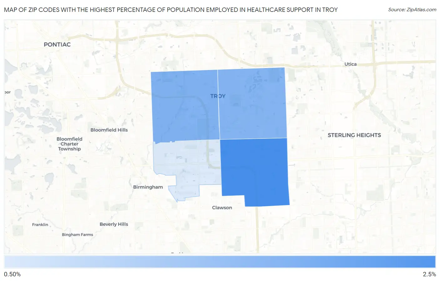 Zip Codes with the Highest Percentage of Population Employed in Healthcare Support in Troy Map