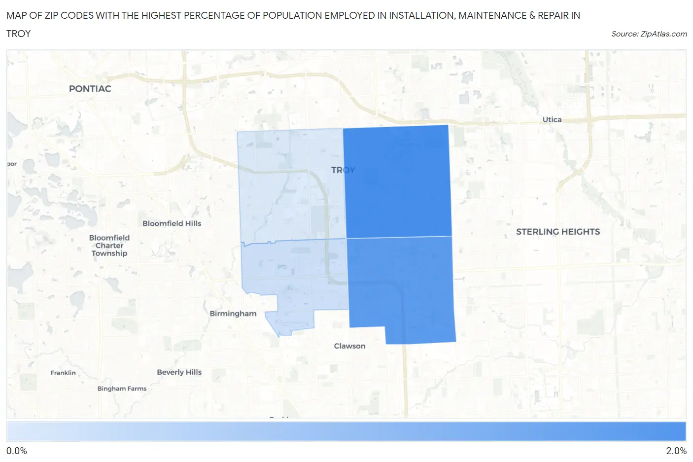 Zip Codes with the Highest Percentage of Population Employed in Installation, Maintenance & Repair in Troy Map