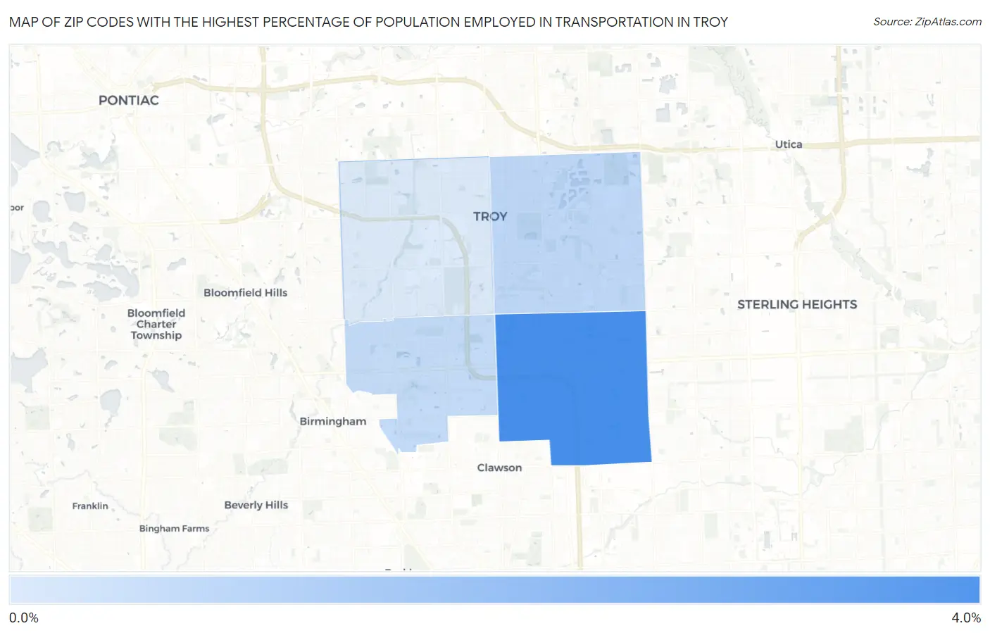 Zip Codes with the Highest Percentage of Population Employed in Transportation in Troy Map