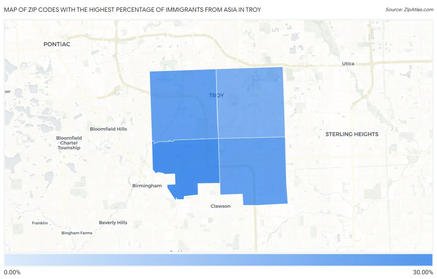Zip Codes with the Highest Percentage of Immigrants from Asia in Troy Map