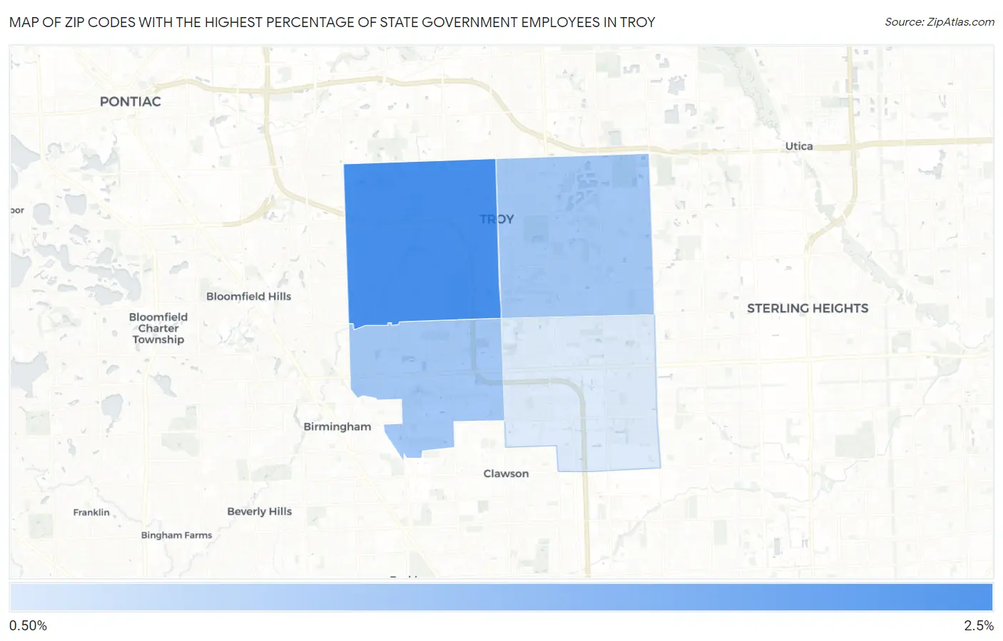 Zip Codes with the Highest Percentage of State Government Employees in Troy Map