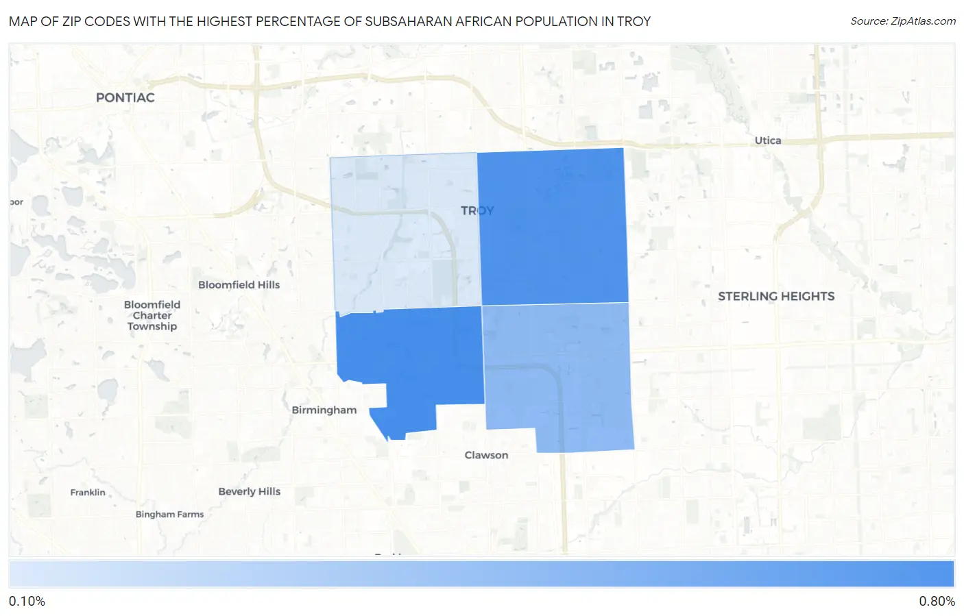 Zip Codes with the Highest Percentage of Subsaharan African Population in Troy Map