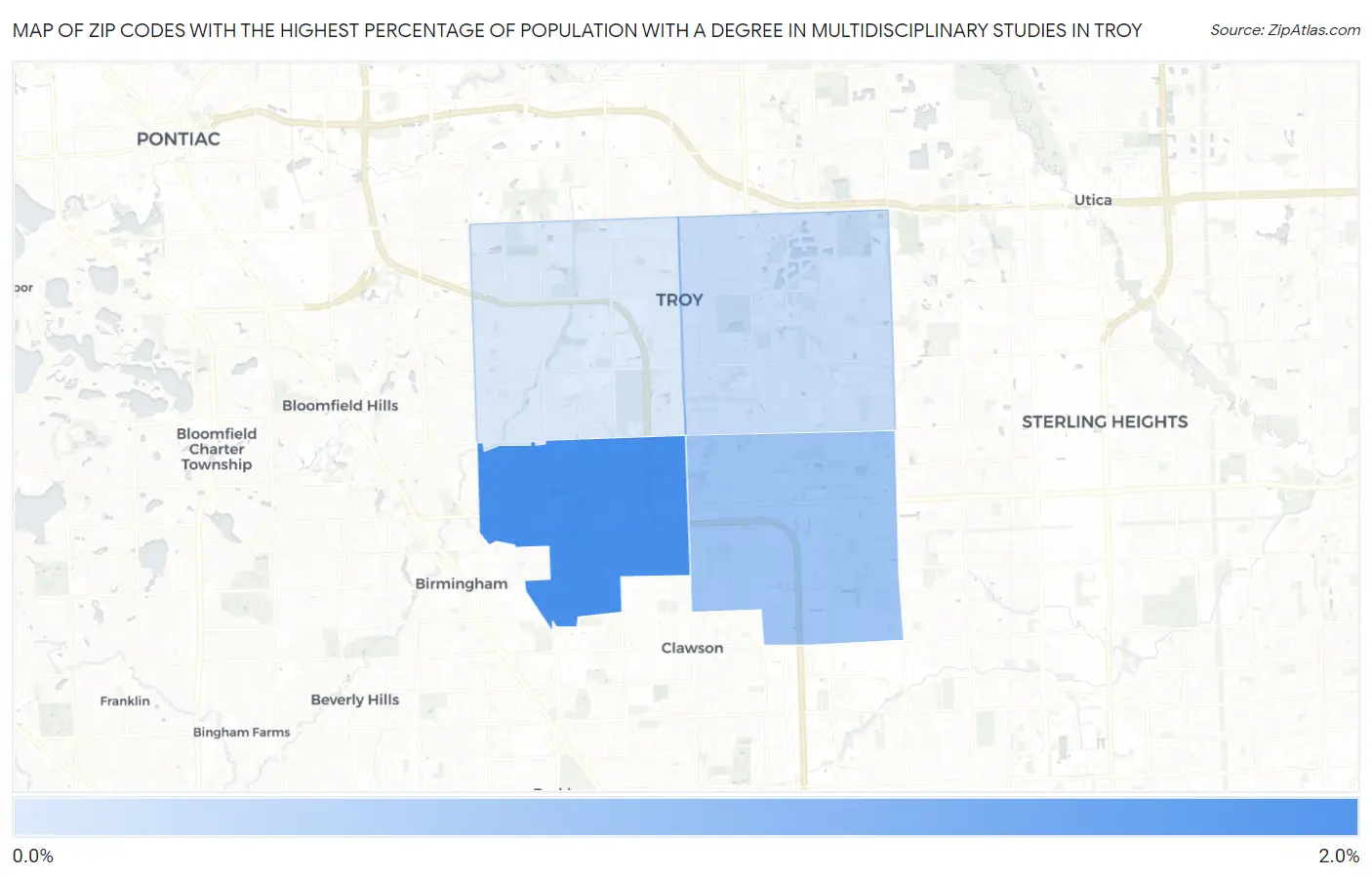 Zip Codes with the Highest Percentage of Population with a Degree in Multidisciplinary Studies in Troy Map