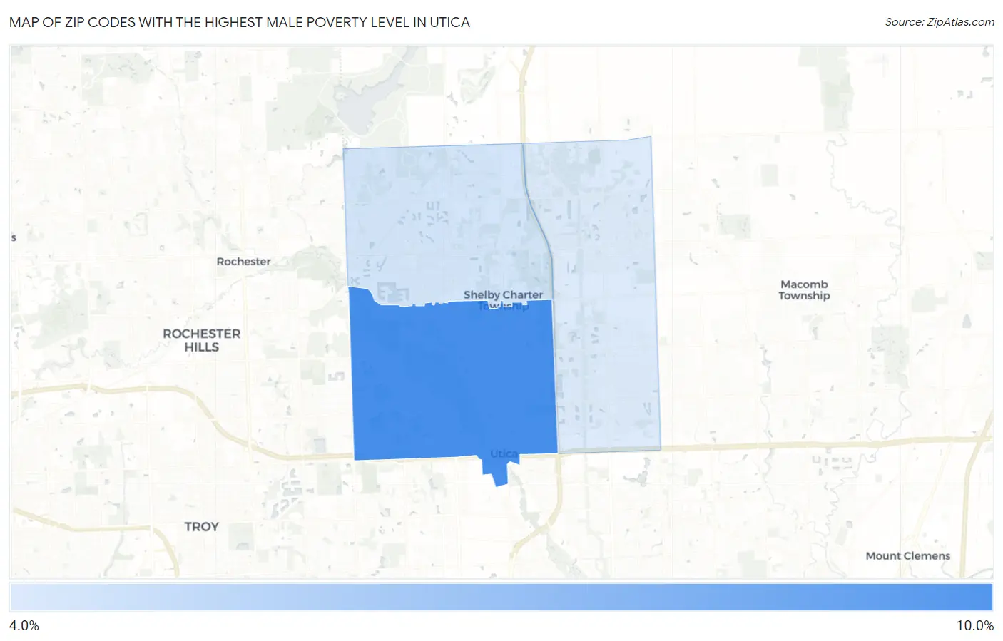 Zip Codes with the Highest Male Poverty Level in Utica Map