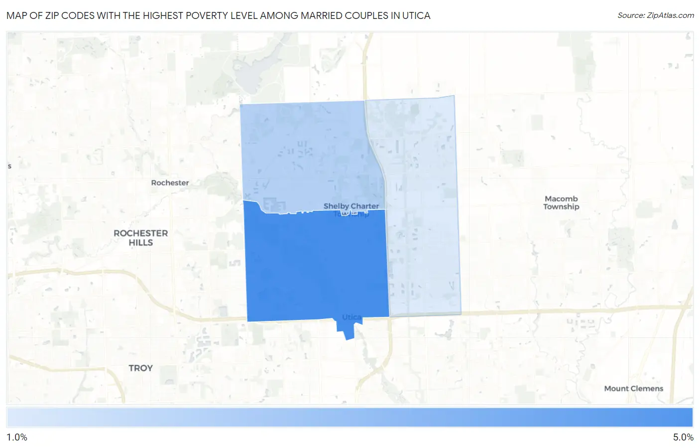Zip Codes with the Highest Poverty Level Among Married Couples in Utica Map