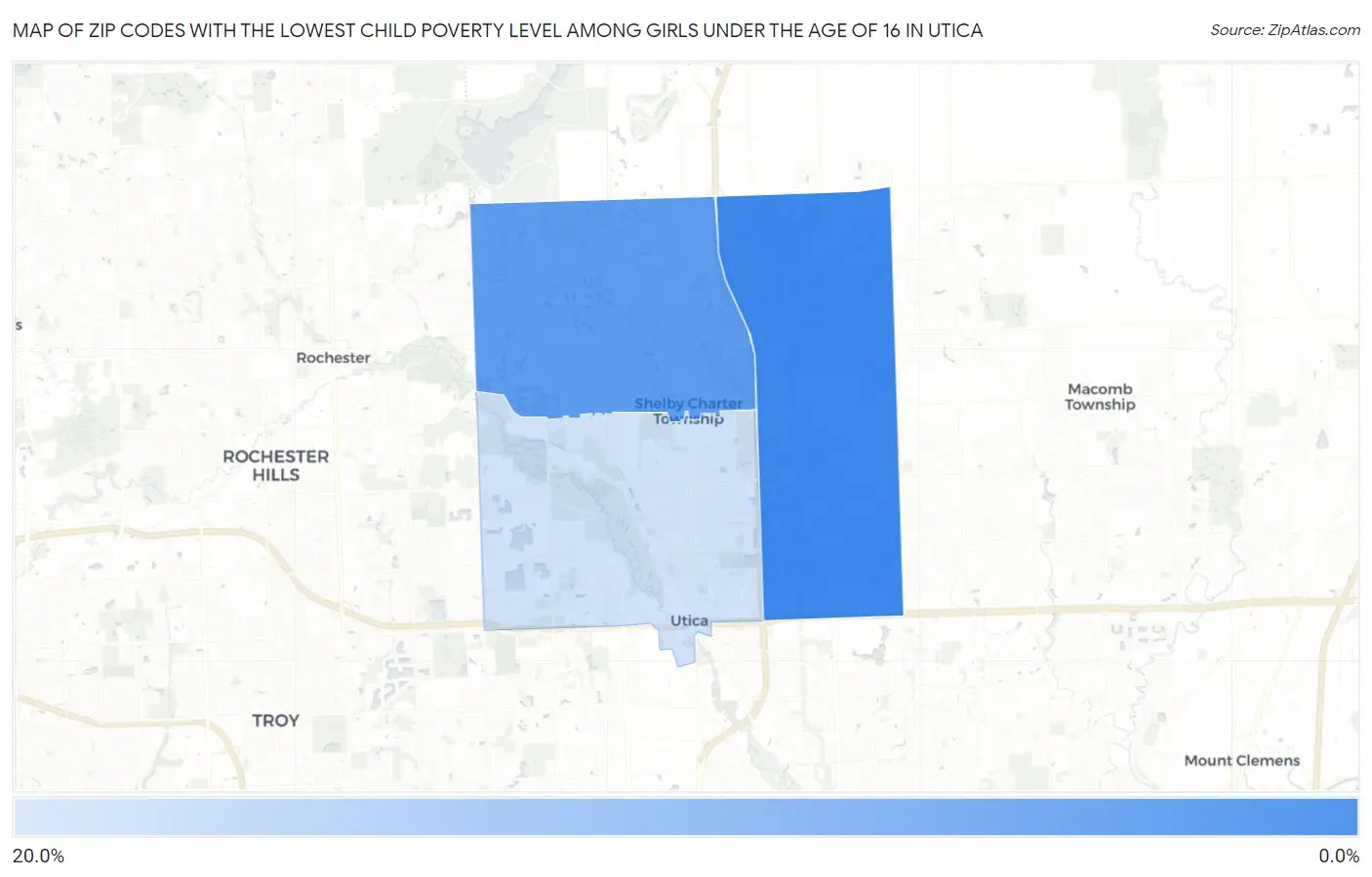 Zip Codes with the Lowest Child Poverty Level Among Girls Under the Age of 16 in Utica Map