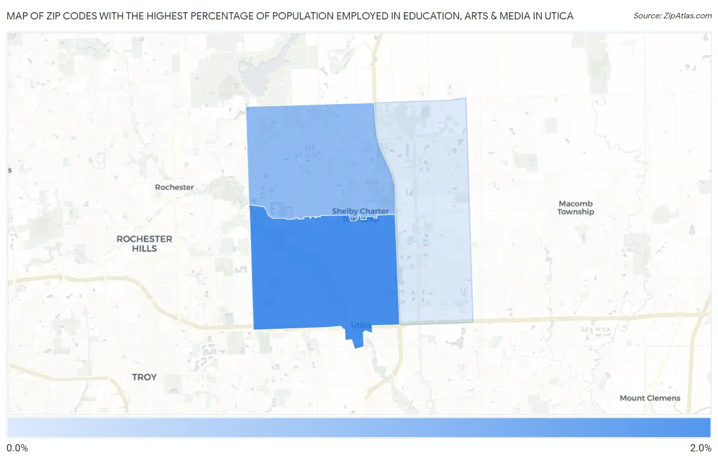 Zip Codes with the Highest Percentage of Population Employed in Education, Arts & Media in Utica Map