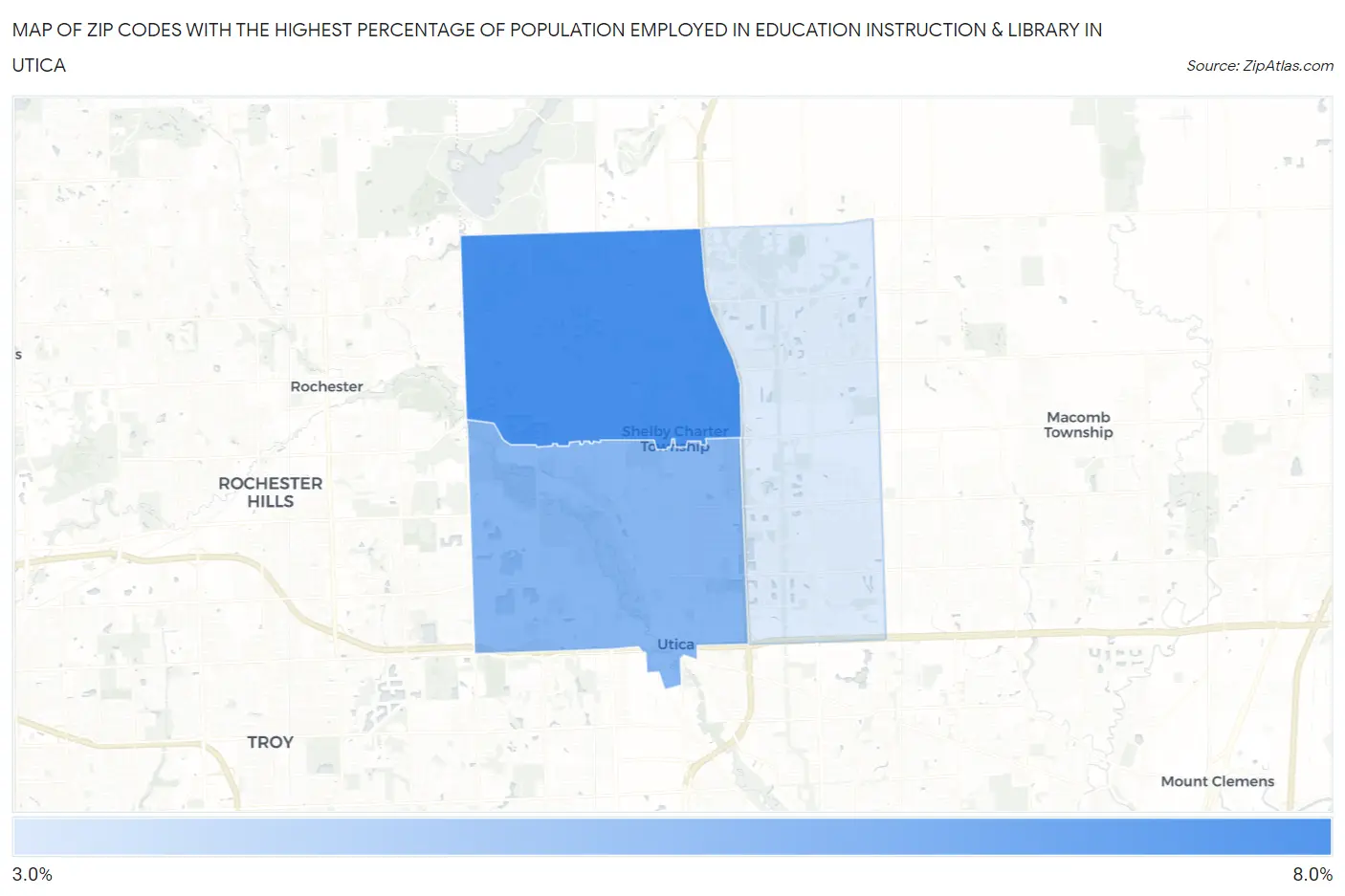 Zip Codes with the Highest Percentage of Population Employed in Education Instruction & Library in Utica Map