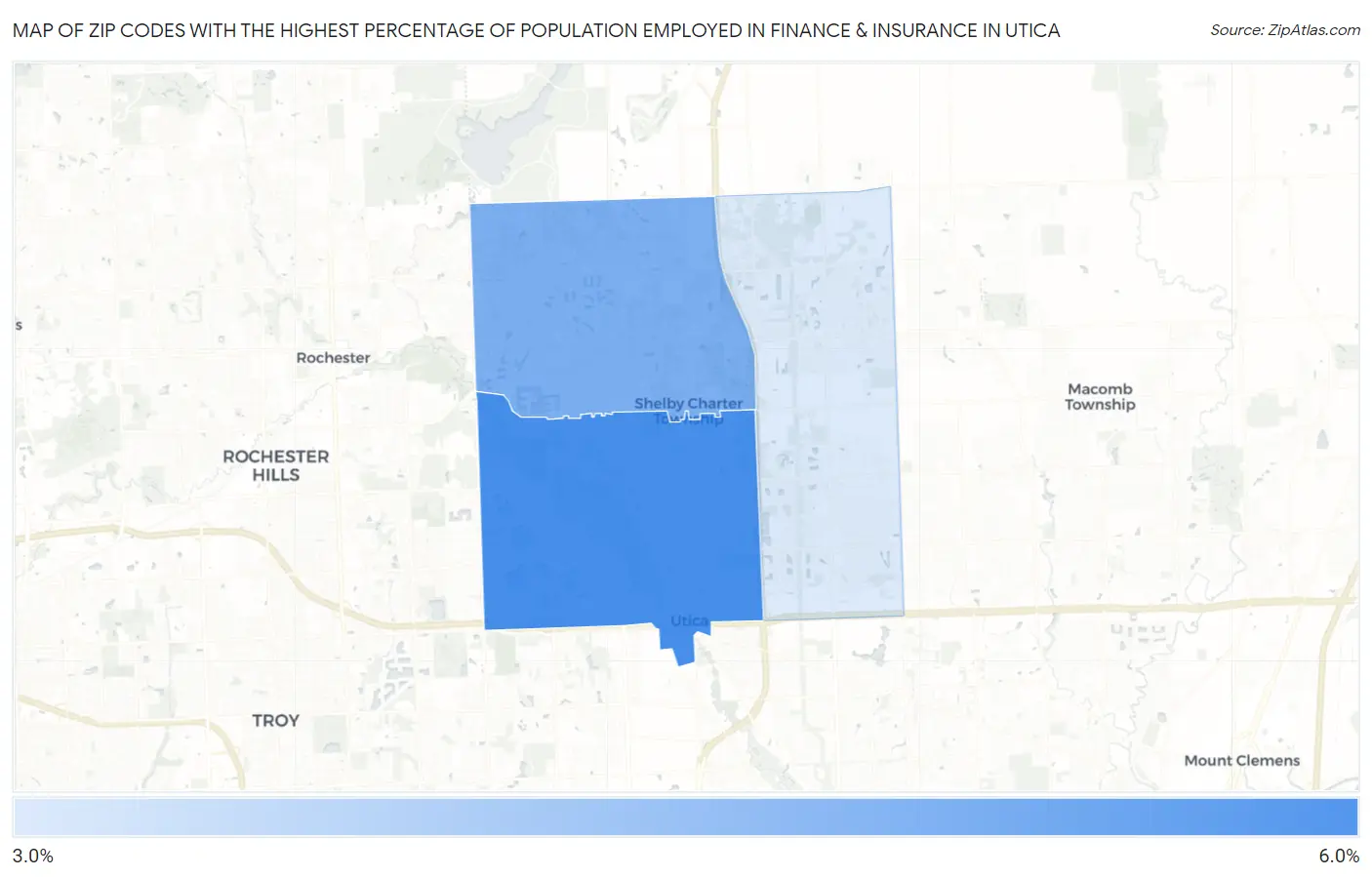 Zip Codes with the Highest Percentage of Population Employed in Finance & Insurance in Utica Map