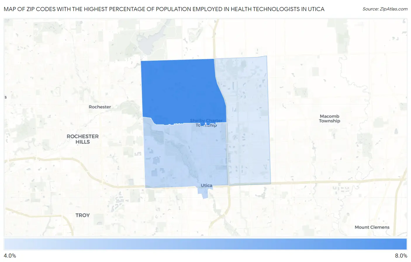 Zip Codes with the Highest Percentage of Population Employed in Health Technologists in Utica Map
