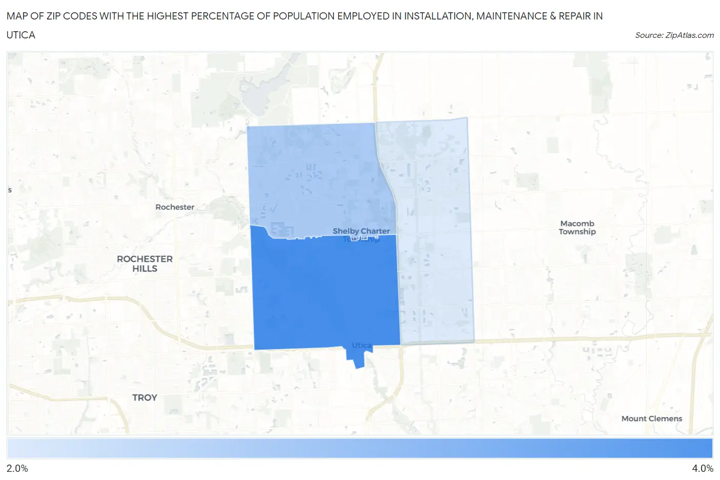 Zip Codes with the Highest Percentage of Population Employed in Installation, Maintenance & Repair in Utica Map