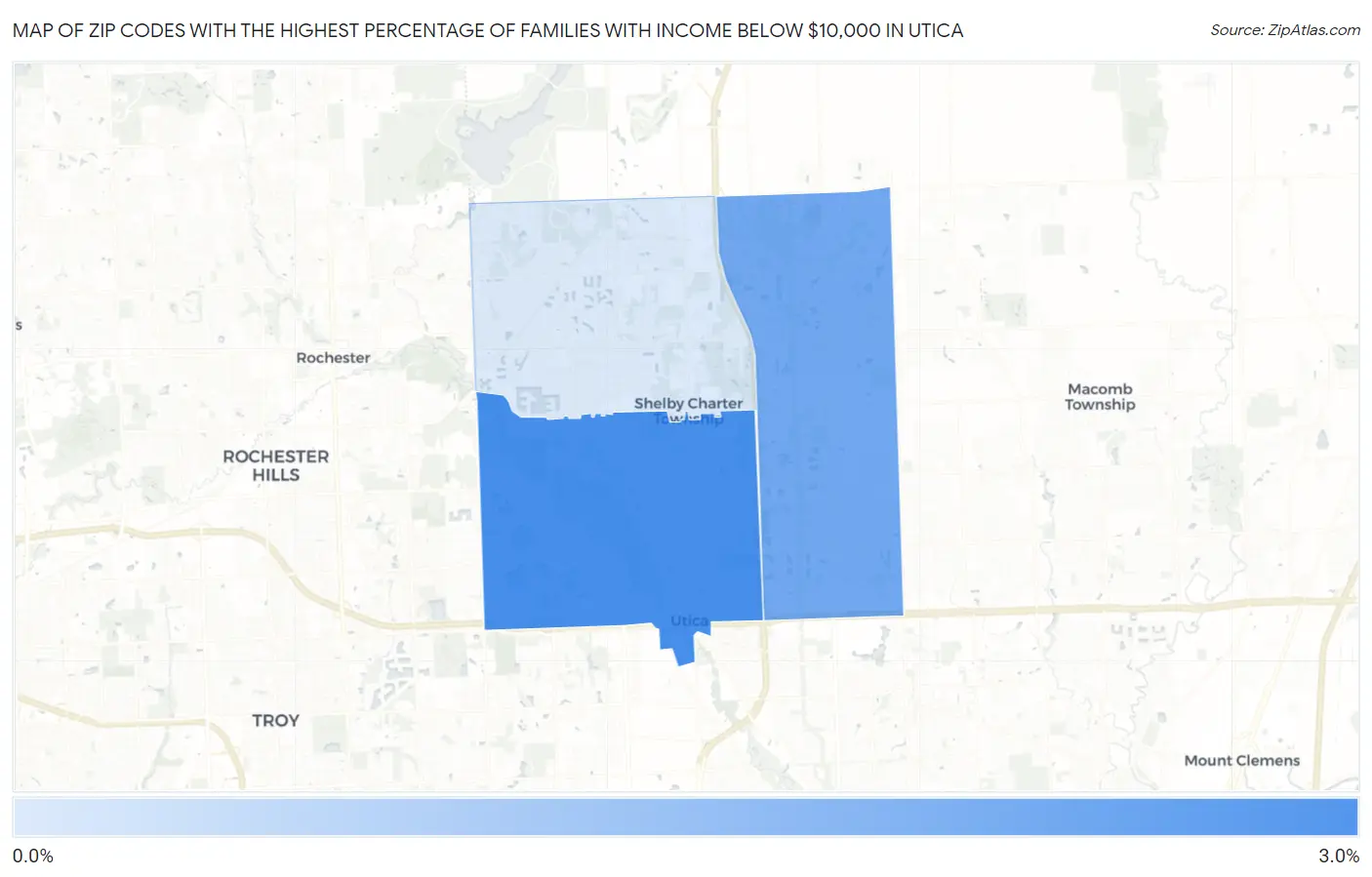 Zip Codes with the Highest Percentage of Families with Income Below $10,000 in Utica Map