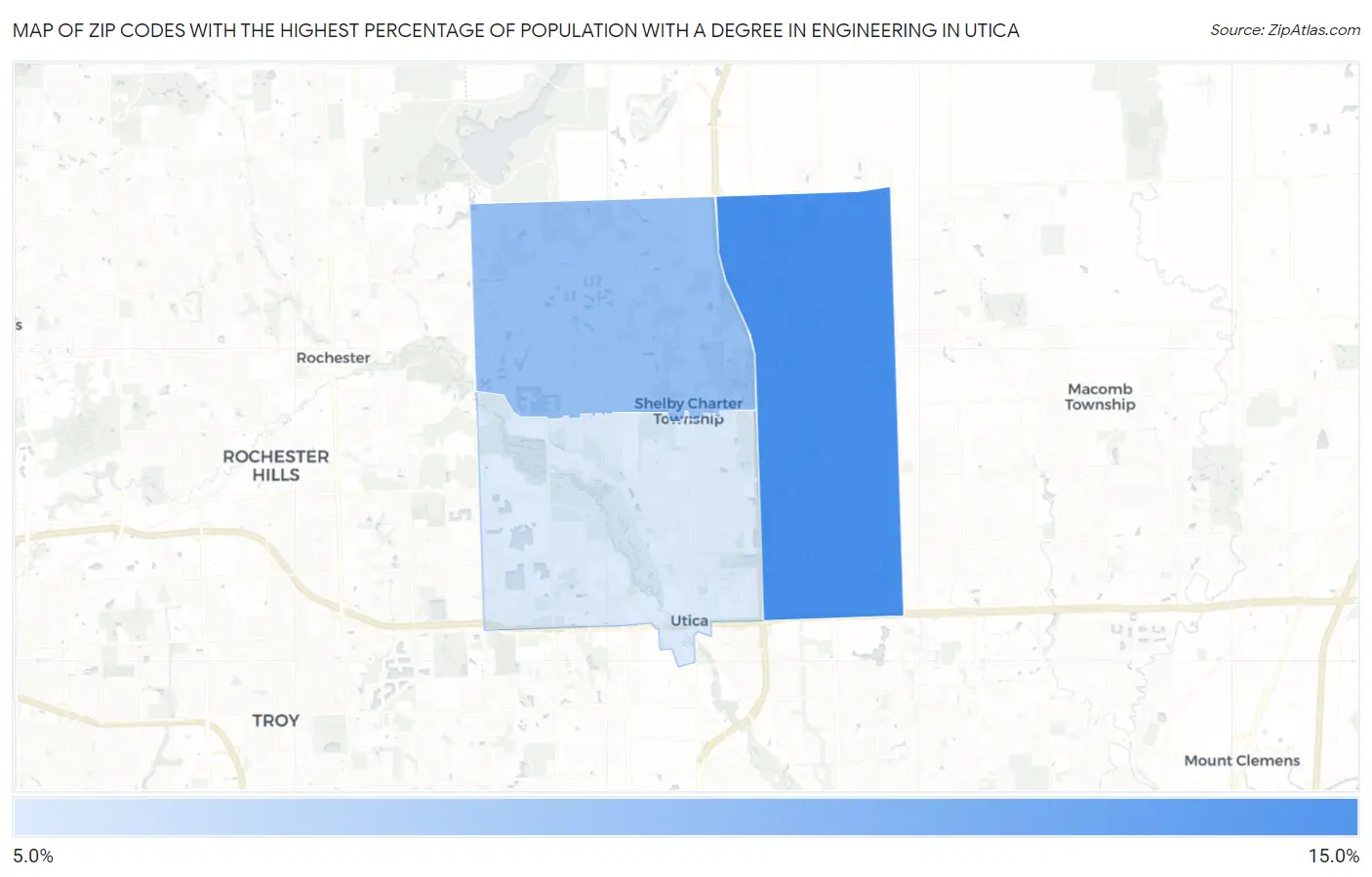 Zip Codes with the Highest Percentage of Population with a Degree in Engineering in Utica Map