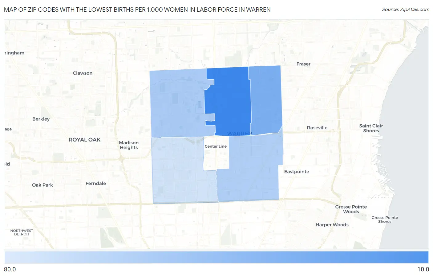 Zip Codes with the Lowest Births per 1,000 Women in Labor Force in Warren Map