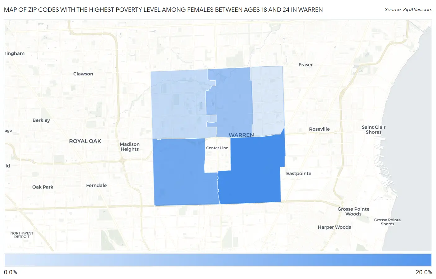 Zip Codes with the Highest Poverty Level Among Females Between Ages 18 and 24 in Warren Map