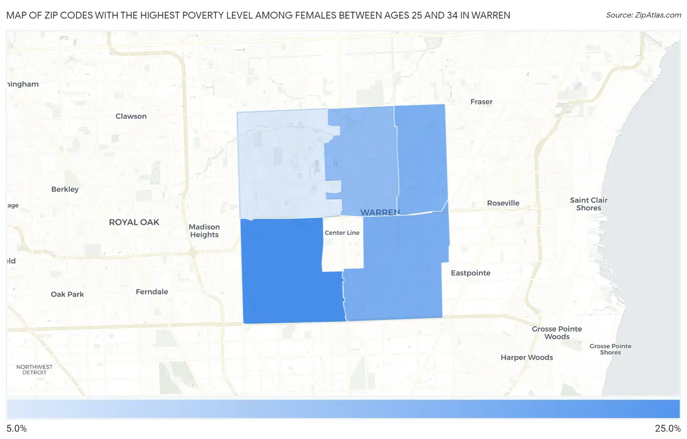 Zip Codes with the Highest Poverty Level Among Females Between Ages 25 and 34 in Warren Map