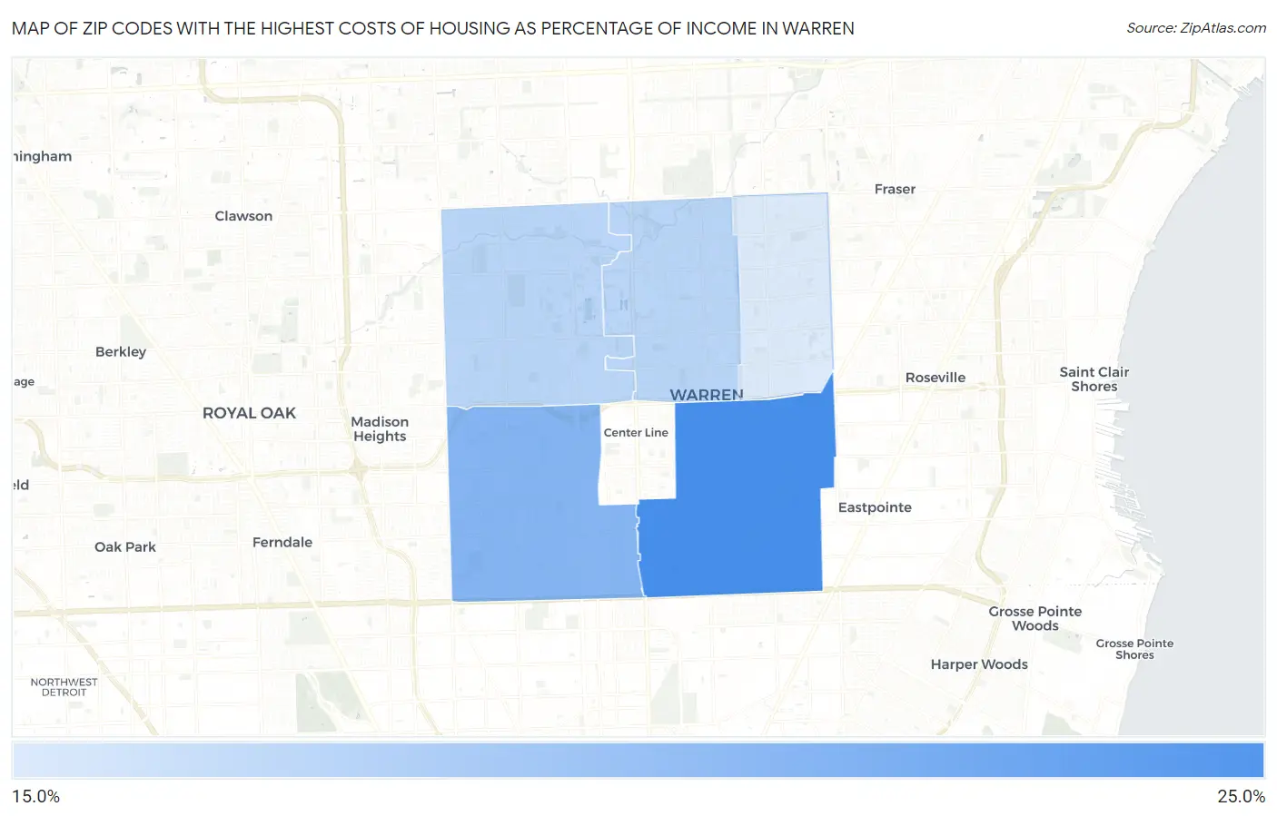Zip Codes with the Highest Costs of Housing as Percentage of Income in Warren Map