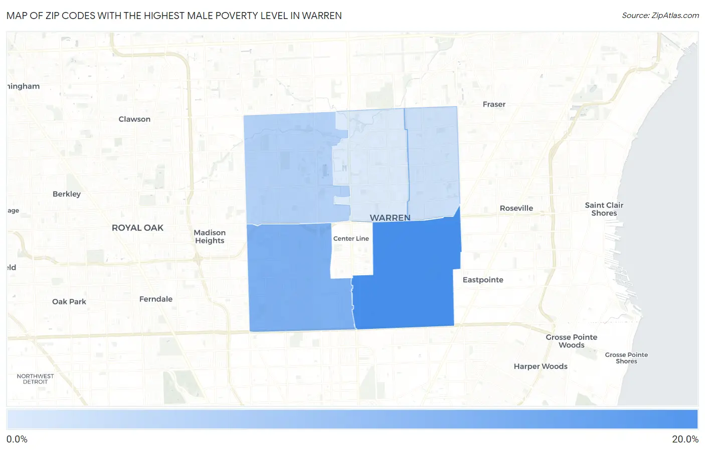Zip Codes with the Highest Male Poverty Level in Warren Map
