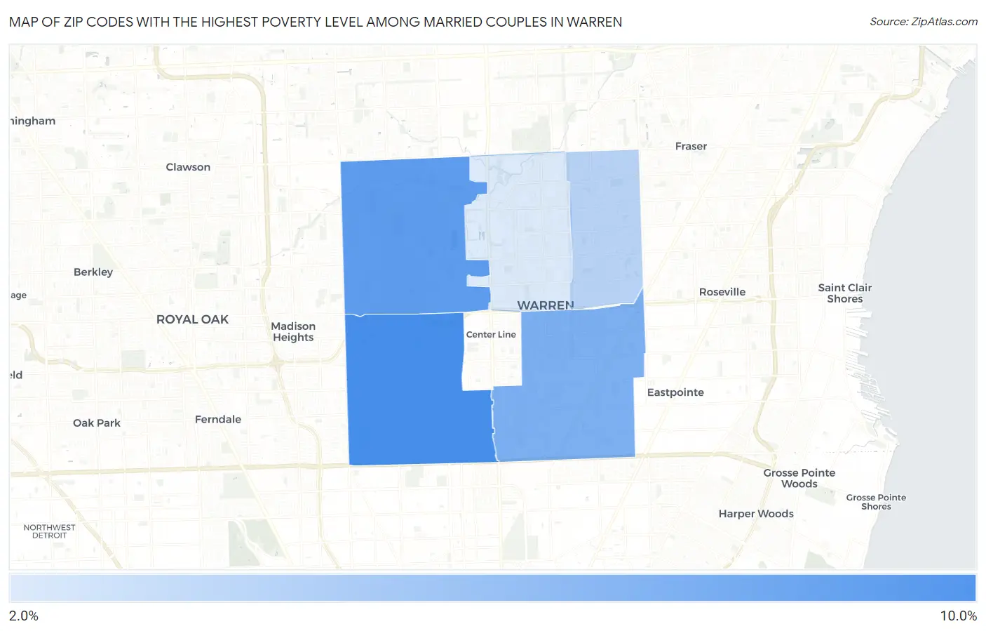 Zip Codes with the Highest Poverty Level Among Married Couples in Warren Map