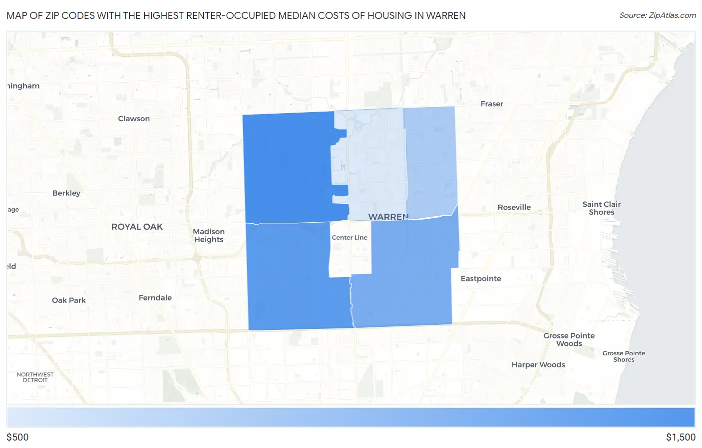Zip Codes with the Highest Renter-Occupied Median Costs of Housing in Warren Map