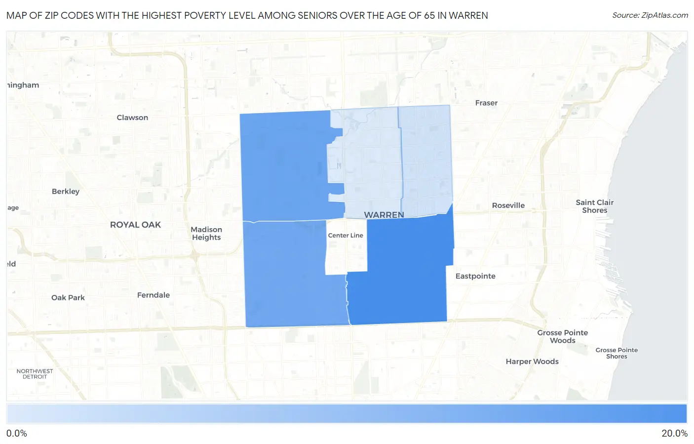 Zip Codes with the Highest Poverty Level Among Seniors Over the Age of 65 in Warren Map