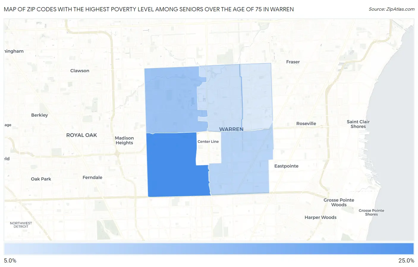 Zip Codes with the Highest Poverty Level Among Seniors Over the Age of 75 in Warren Map