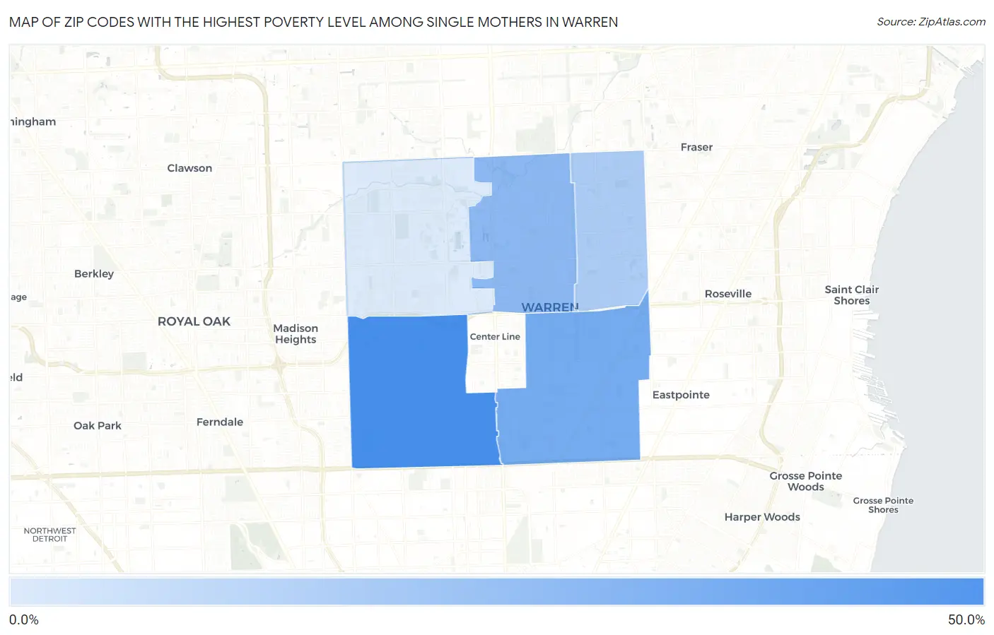 Zip Codes with the Highest Poverty Level Among Single Mothers in Warren Map