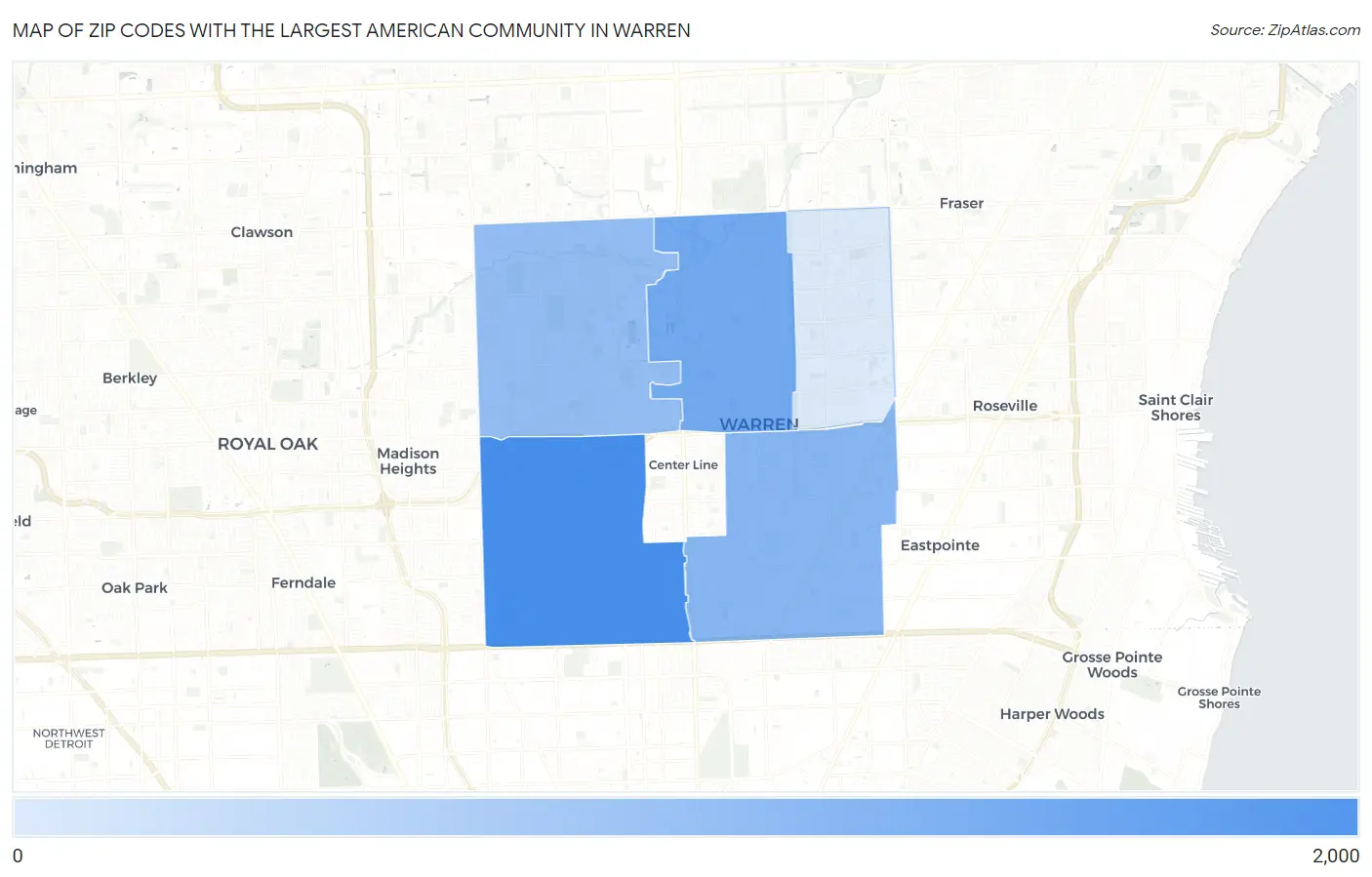 Zip Codes with the Largest American Community in Warren Map