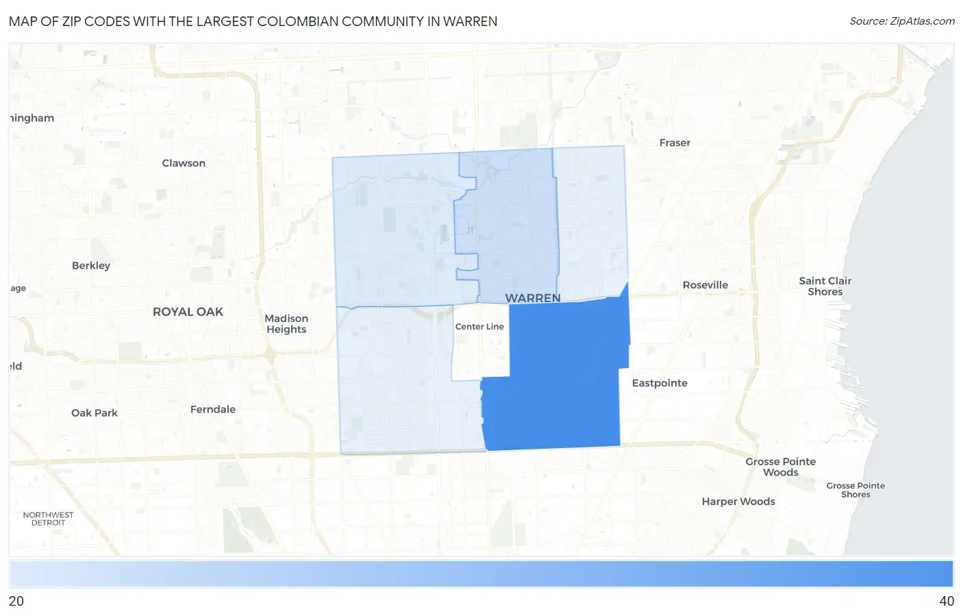 Zip Codes with the Largest Colombian Community in Warren Map
