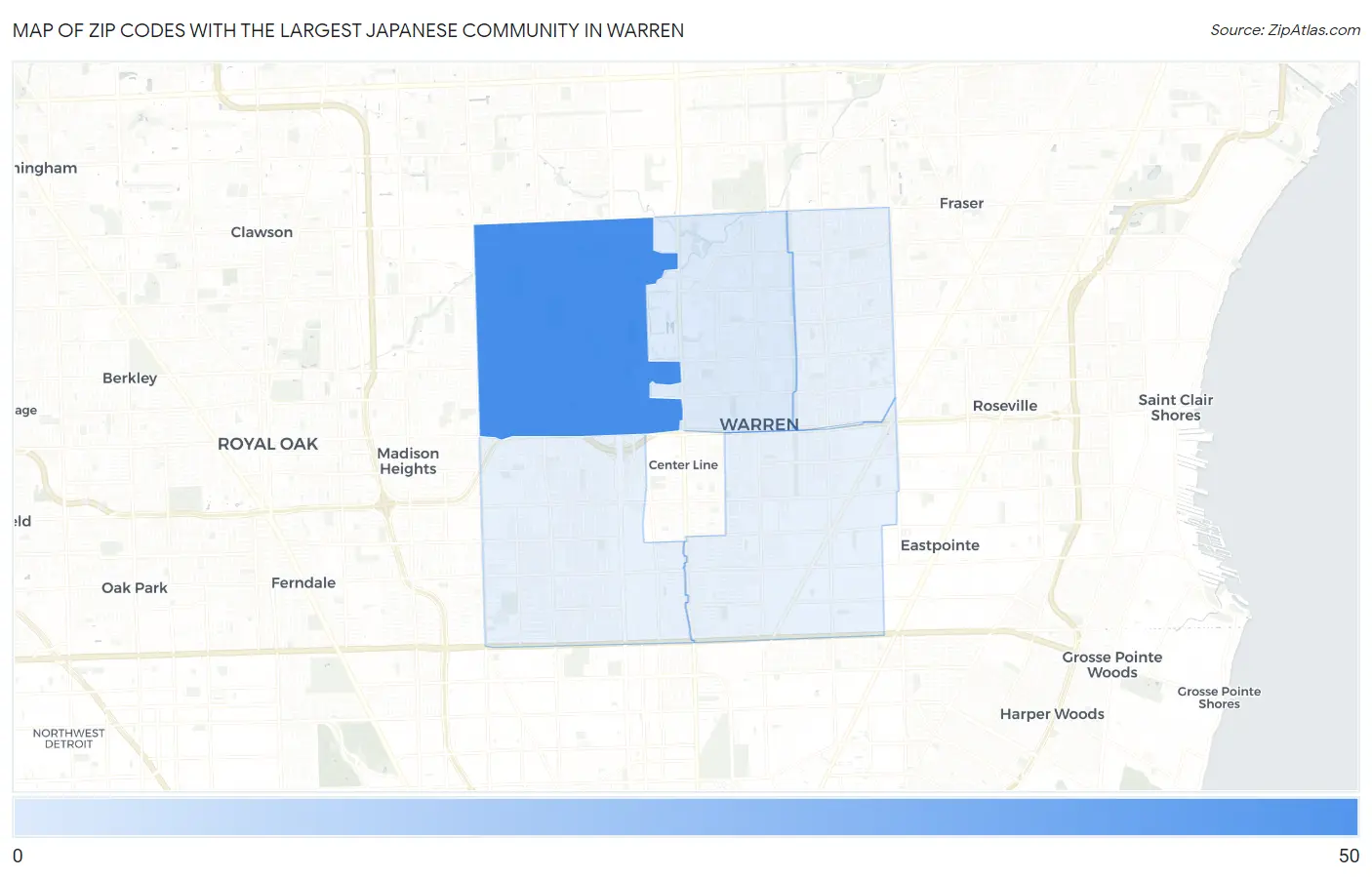 Zip Codes with the Largest Japanese Community in Warren Map