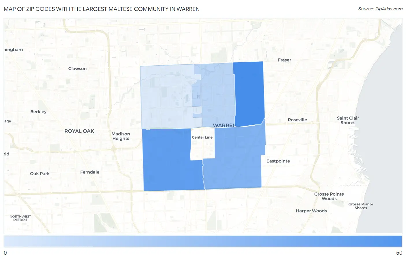 Zip Codes with the Largest Maltese Community in Warren Map