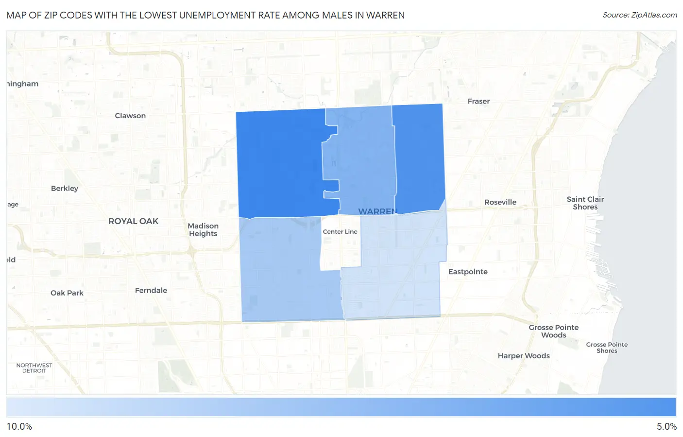 Zip Codes with the Lowest Unemployment Rate Among Males in Warren Map