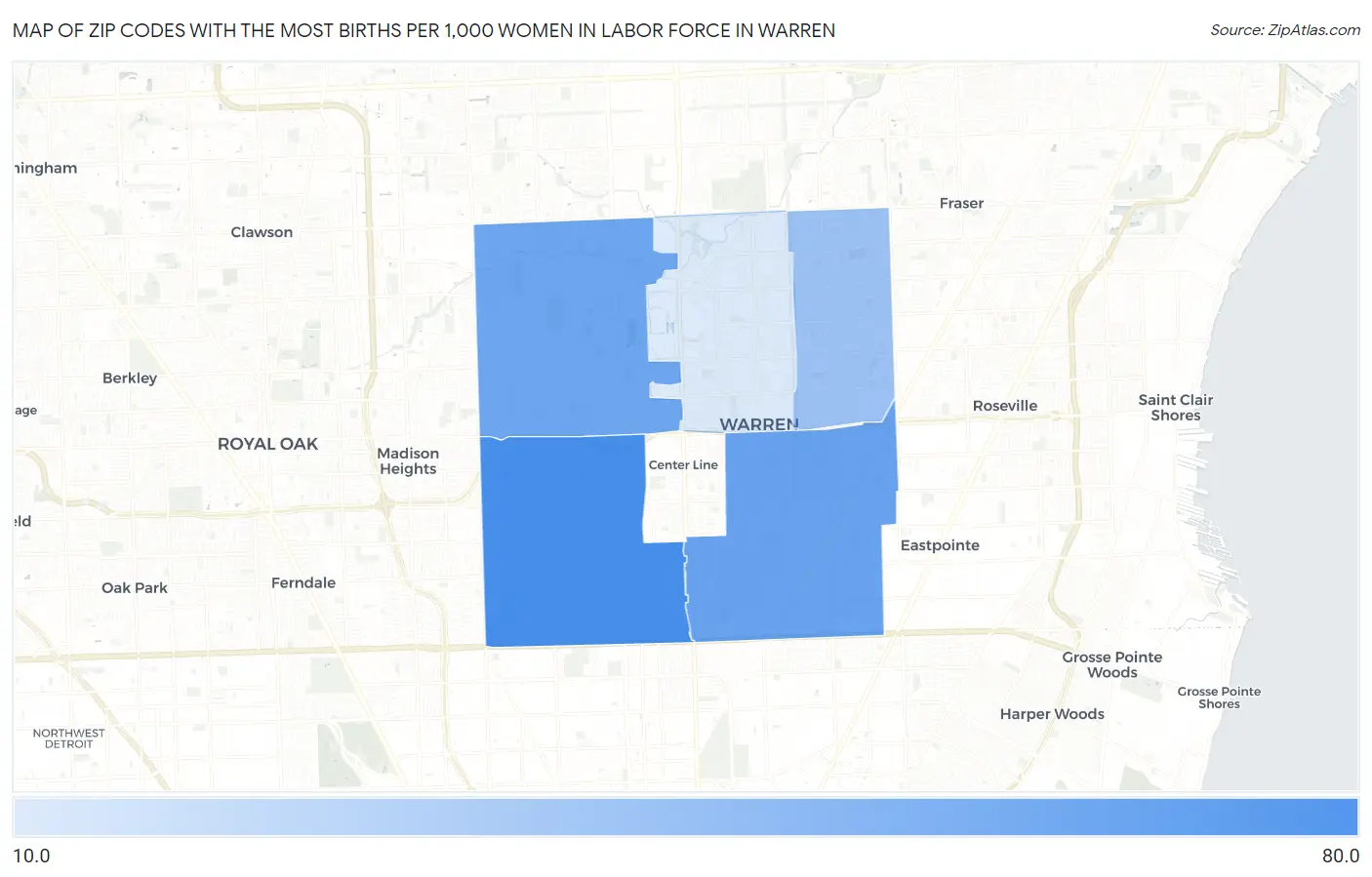 Zip Codes with the Most Births per 1,000 Women in Labor Force in Warren Map