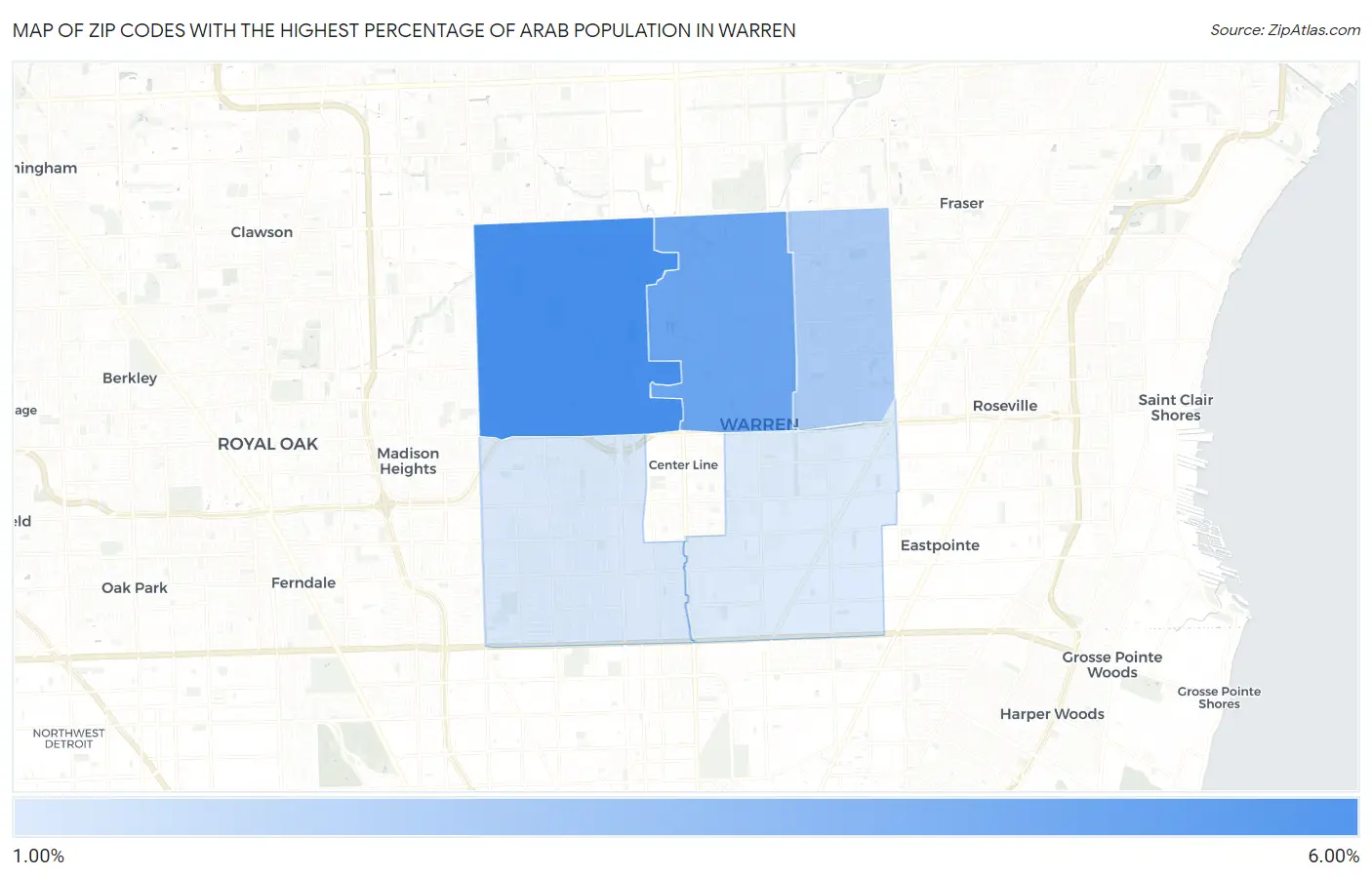 Zip Codes with the Highest Percentage of Arab Population in Warren Map