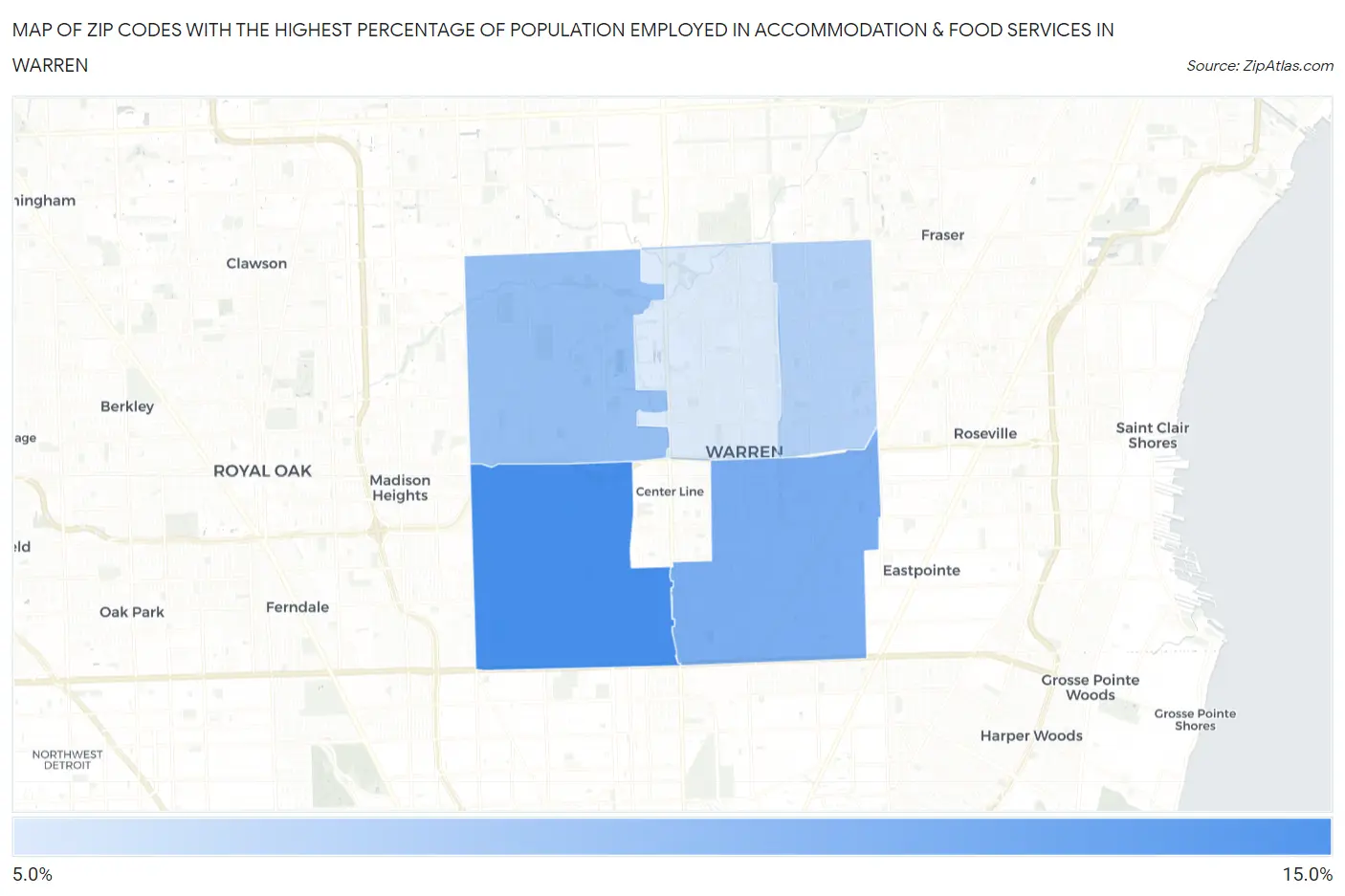 Zip Codes with the Highest Percentage of Population Employed in Accommodation & Food Services in Warren Map