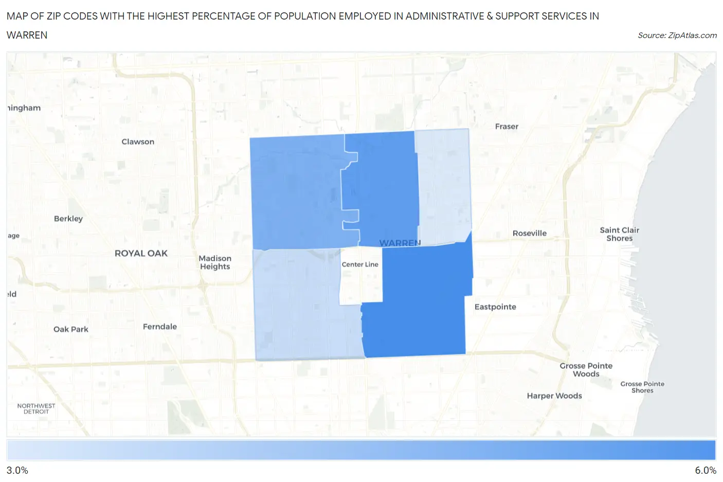 Zip Codes with the Highest Percentage of Population Employed in Administrative & Support Services in Warren Map