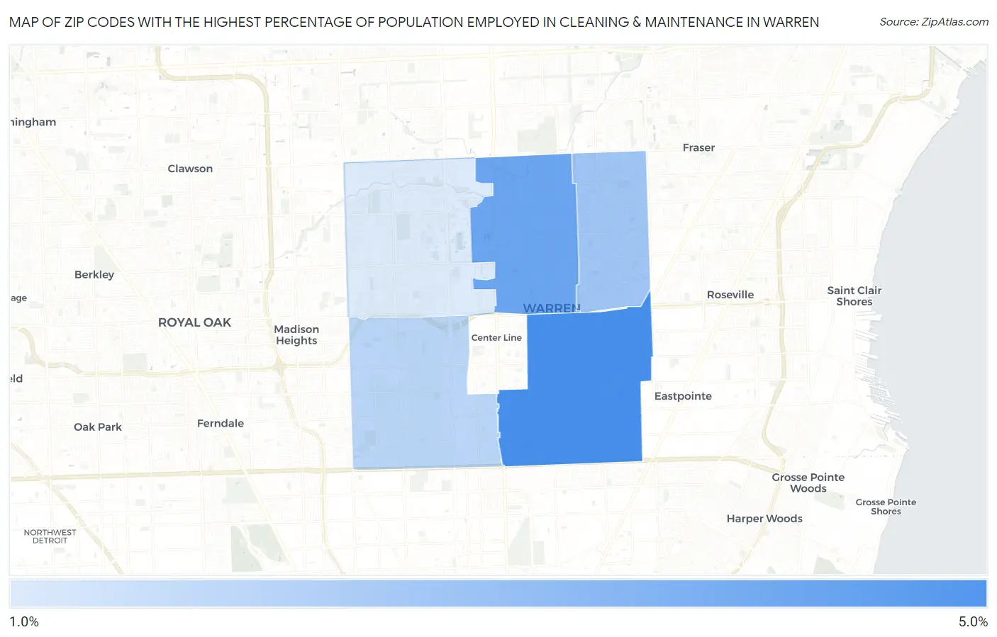 Zip Codes with the Highest Percentage of Population Employed in Cleaning & Maintenance in Warren Map