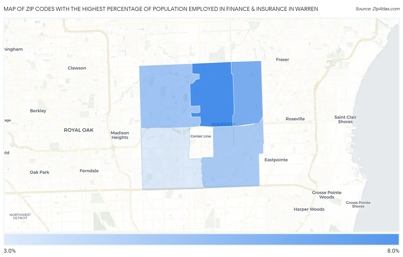 Zip Codes with the Highest Percentage of Population Employed in Finance & Insurance in Warren Map
