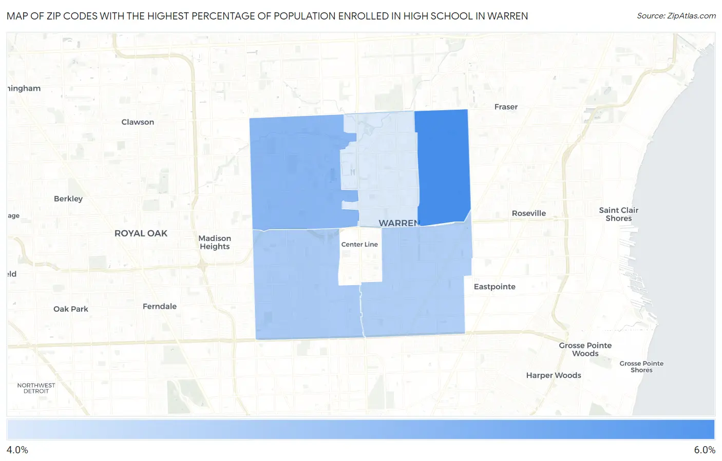 Zip Codes with the Highest Percentage of Population Enrolled in High School in Warren Map