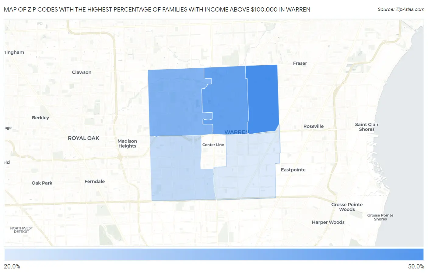 Zip Codes with the Highest Percentage of Families with Income Above $100,000 in Warren Map