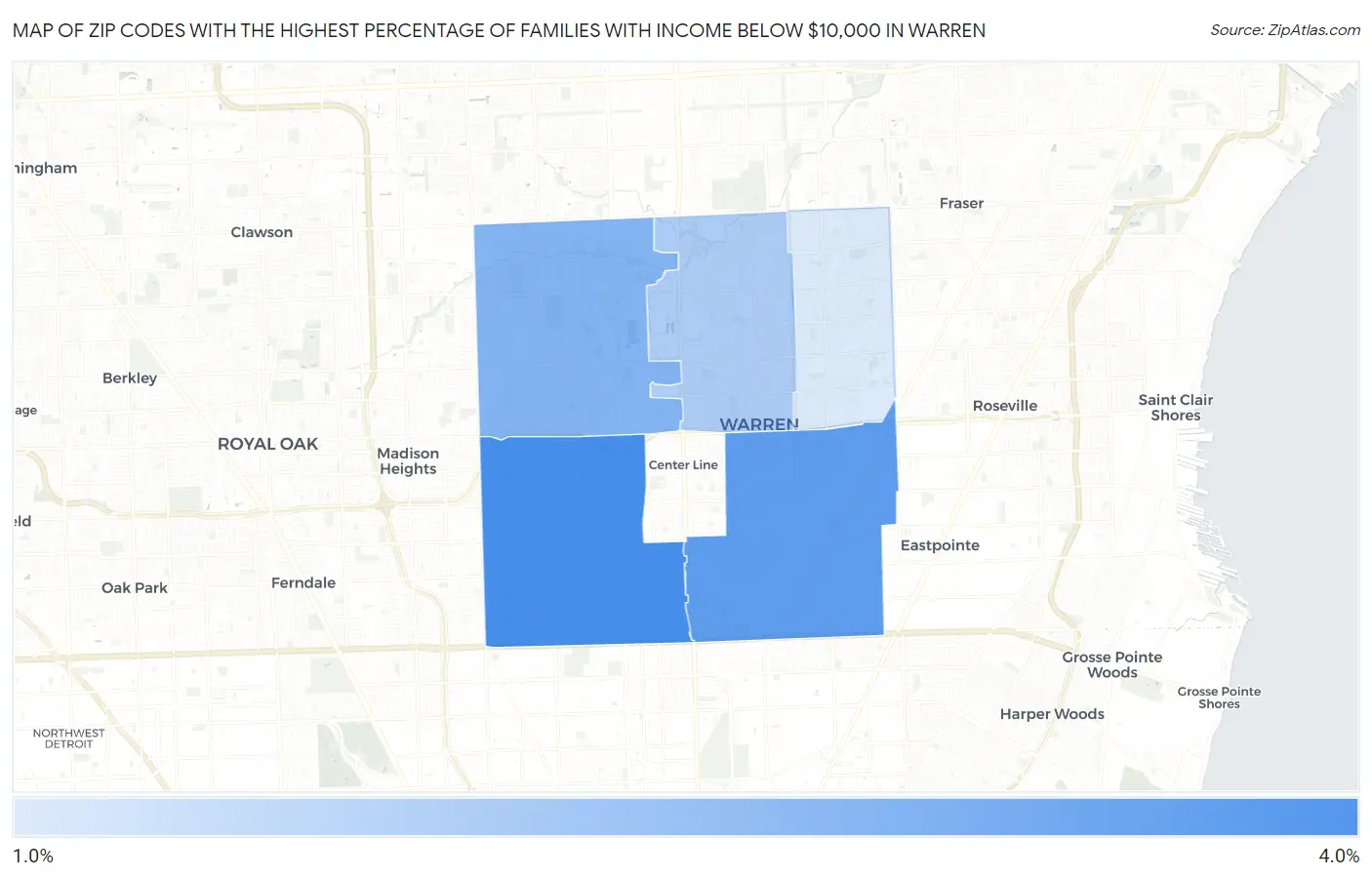 Zip Codes with the Highest Percentage of Families with Income Below $10,000 in Warren Map