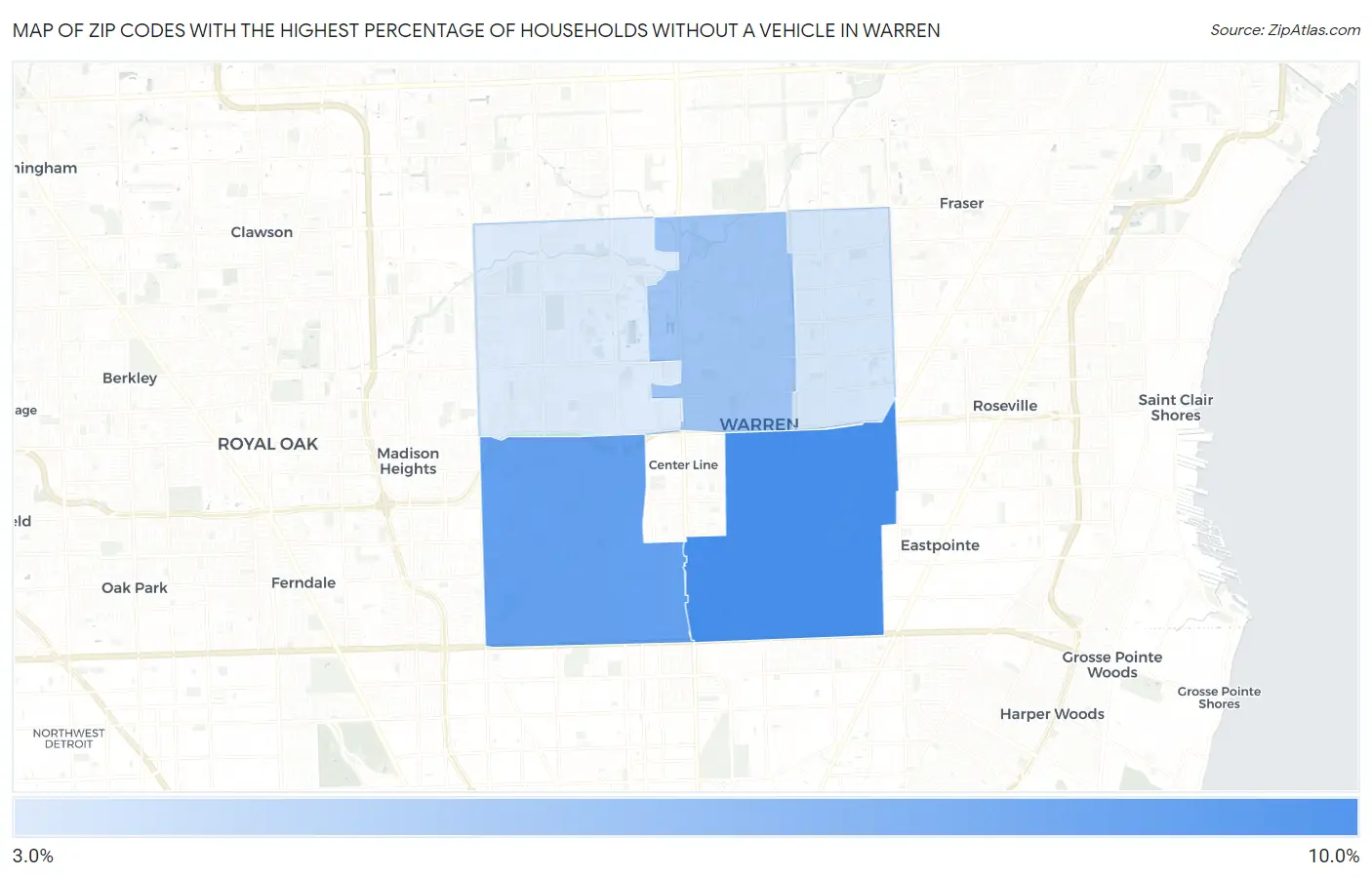 Zip Codes with the Highest Percentage of Households Without a Vehicle in Warren Map