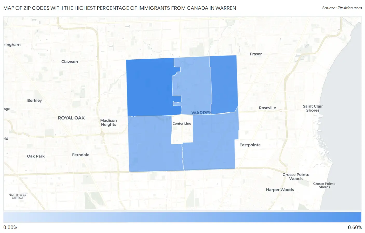 Zip Codes with the Highest Percentage of Immigrants from Canada in Warren Map