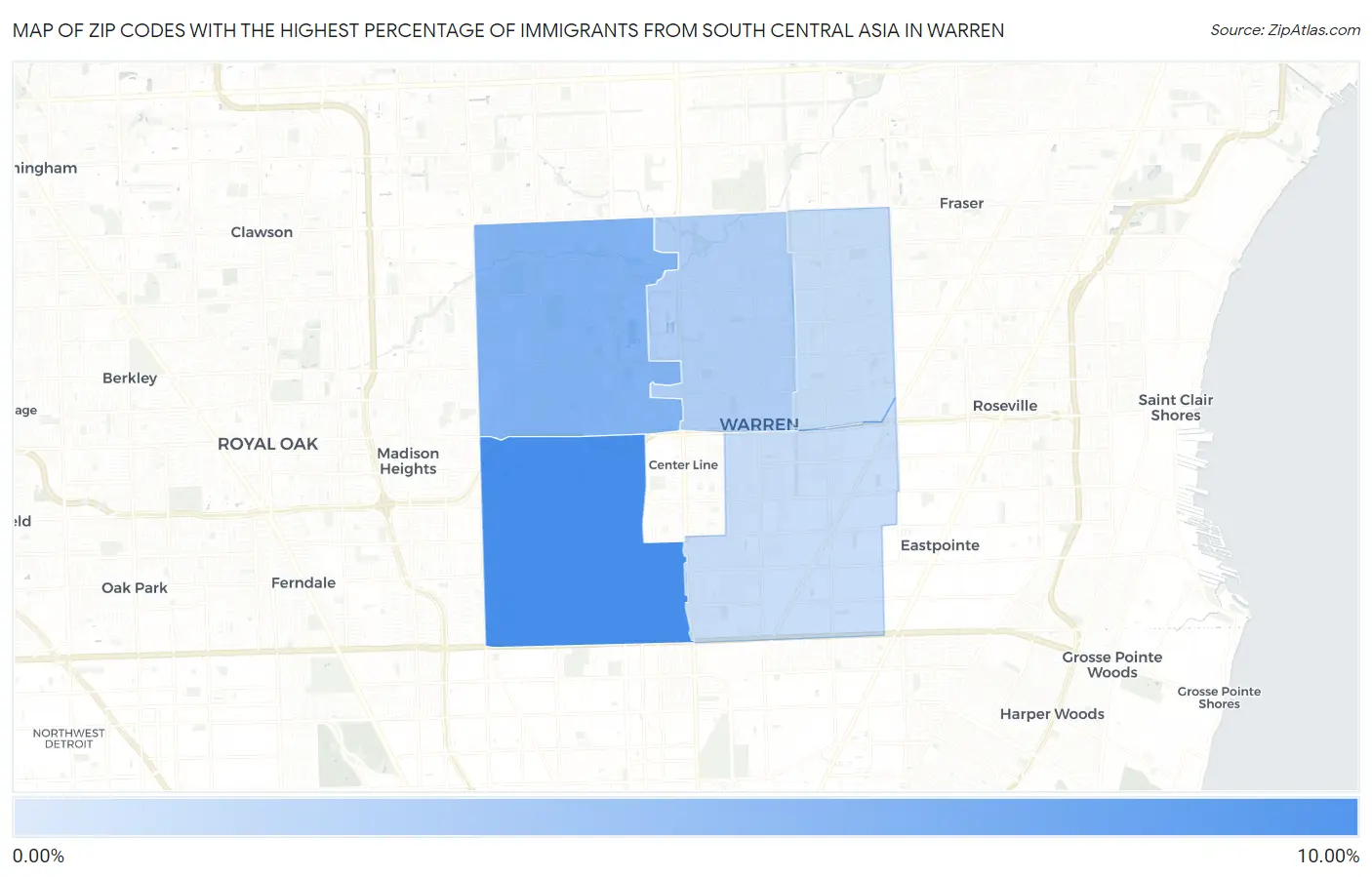 Zip Codes with the Highest Percentage of Immigrants from South Central Asia in Warren Map