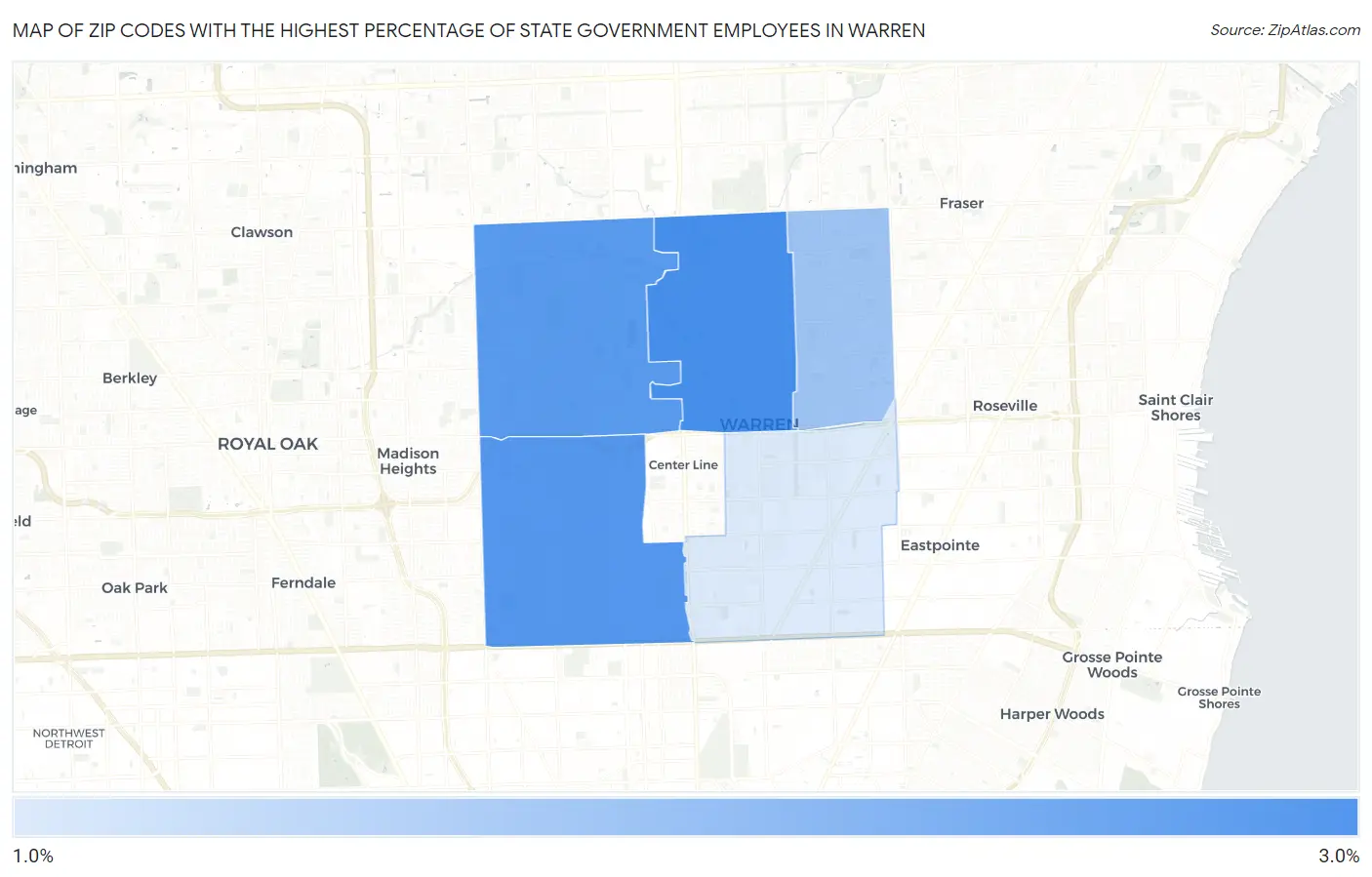 Zip Codes with the Highest Percentage of State Government Employees in Warren Map